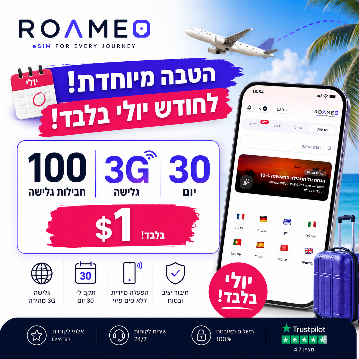 מבצע יולי — 100 חבילות של 3GB ל-30 יום ב-$1 בלבד